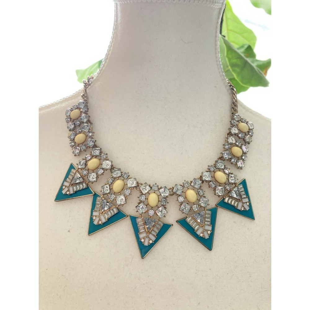 BaubleBar Rhinestone Statement Necklace Teal Blue Enamel Geometric Bib Bold